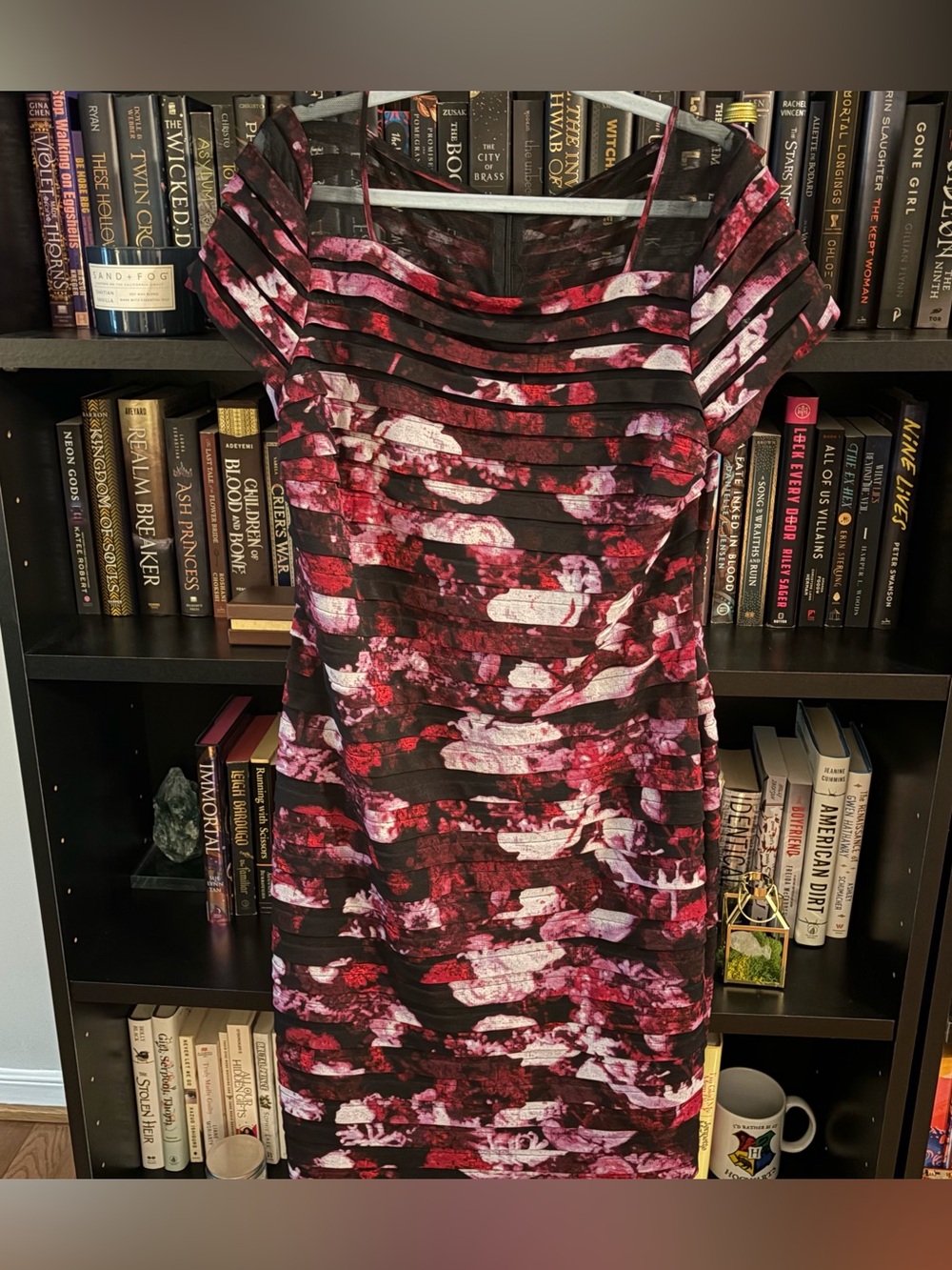 Adrianna Papell Black and Pink Floral Ruched Midi Dress